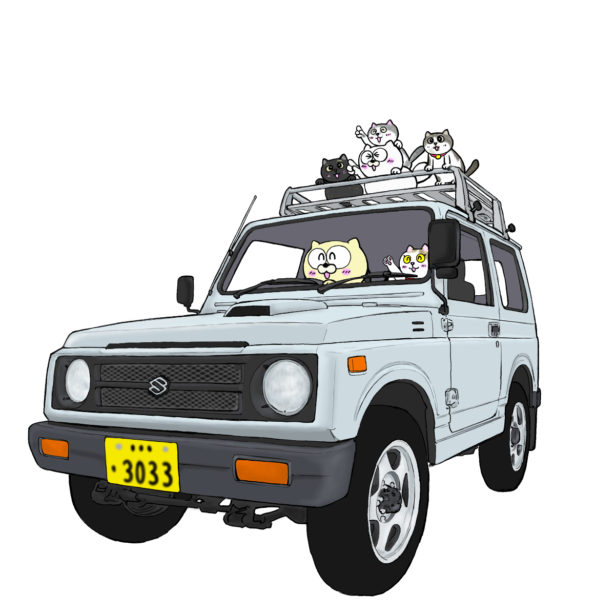 車に猫の家族が乗っているイラスト
